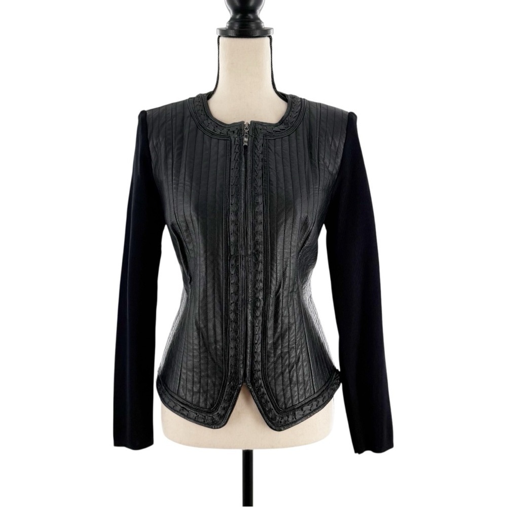 Nygard Collection Petite M Black Leather & Knit Panel Zip Jacket – Size 10-12